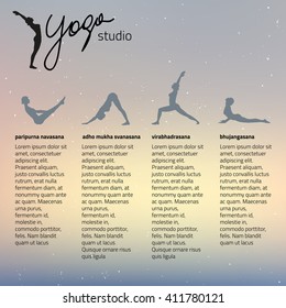 Yoga vector illustration. Description yoga poses. Banner, poster or template for yoga studio, fittness, website