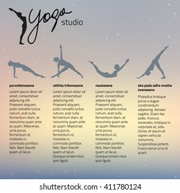 Yoga vector illustration. Description yoga poses. Banner, poster or template for yoga studio, fittness, website