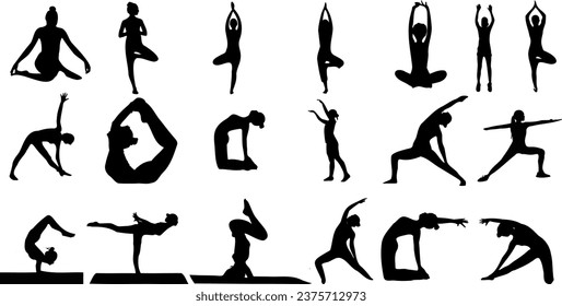 Yoga Vector Illustration featuring 19 Black Silhouettes of individuals demonstrating various Yoga Poses on a white background. Perfect for Fitness, Health, Meditation, and Wellness related content.