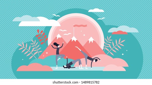 Yoga vector illustration. Flat tiny healthy harmony exercise person concept. Balance and strength activity for good shape and inner peace. Beauty recreation or workout training for good physical shape