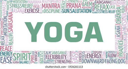 Yoga vector illustration word cloud isolated on a white background.