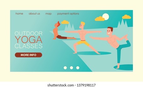 Yoga vector landing web page people yogi character training flexible exercise pose illustration backdrop web-page healthy man lifestyle workout with meditation balance relaxation background.