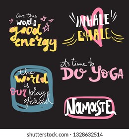 Yoga vector lettering. Collection of motivation quotes. Flat minimalist style. Like paper cut.