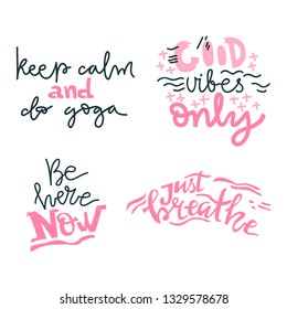 Yoga vector lettering. Collection of motivation quotes. Flat minimalist style. Like paper cut.