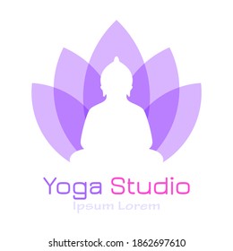 Yoga vector logo with lotus flower and meditating Buddha