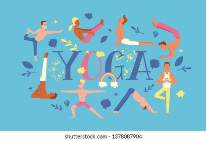 Yoga vector people yogi character training flexible exercise pose on yoga-classes illustration backdrop healthy man lifestyle workout with meditation balance relaxation background.
