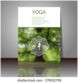 Yoga vector poster. Professional flyer template or banner design for yoga studio, for publishing, print or presentation. Cover design with blurred photo with your text. Blurred photo background.