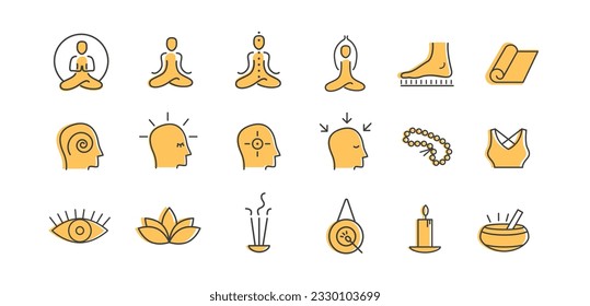 Yoga vector set. Outline colored icon collection for yoga studio, buddhist retreat, spiritual practice or Vipassana meditation. Sadhu board. Head with different mental state.