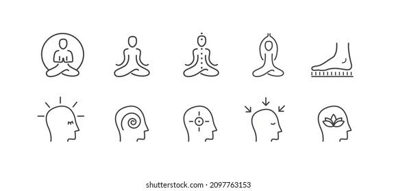 Yoga vector set. Outline icon collection for buddhist retreat, spiritual practice or Vipassana meditation. Sadhu board. Head with different mental state. 