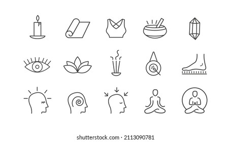 Yoga vector set. Outline icon collection for buddhist retreat, spiritual practice or Vipassana meditation. Sadhu board. Head with different mental state. 