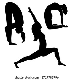 Yoga. Conjunto de siluetas de yoga Pose. Silhouettes de mujer en macetas de yoga. Hermosa figura