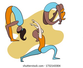 Yoga. Conjunto vectorial de figuras estilizadas en poses de yoga. Figuras femeninas en poses de yoga, estiramientos. Mujeres de diferentes razas en poses de yoga