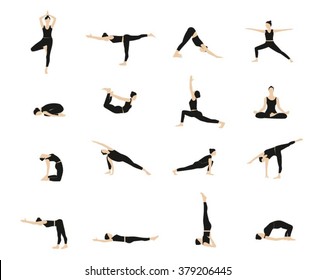 Yoga vector set.  Women Yoga poses set. Woman doing yoga exercises set. Yoga postures silhouette.Figures yoga poses.