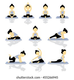 Yoga vector set. Women Yoga poses set. Woman doing yoga exercises set. 