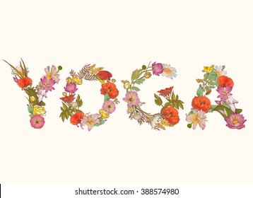 YOGA. Vector word of colorful floral font