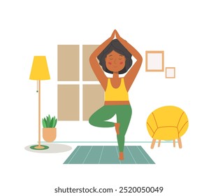 Yoga vector, young african woman in yoga tree pose. Concept illustration for yoga.
