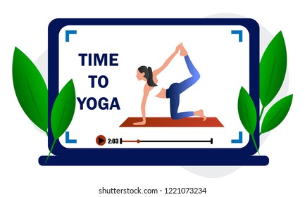 Yoga video tutorial. Time to yoga. Flat vector illustration