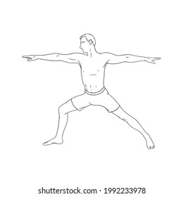 Yoga warrior asana or virabhadrasana I. Man practicing yoga asana. Engraved vector illustration isolated on white background