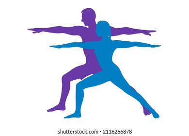 Yoga warrior asana or virabhadrasana I. Couple silhouette practicing yoga asana. Vector illustration isolated on white background