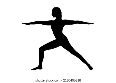 Yoga warrior asana or virabhadrasana I. Woman silhouette practicing yoga asana. Vector illustration isolated on white background