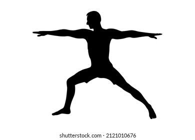 Yoga warrior asana or virabhadrasana I. Man silhouette practicing yoga asana. Vector illustration isolated on white background