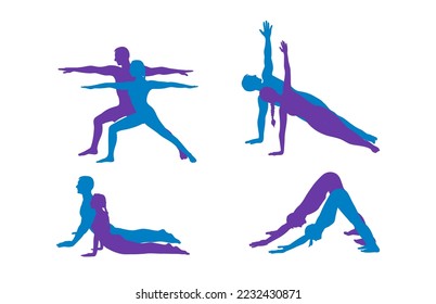 Yoga warrior, dog, cobra and side plank. Woman and man silhouettes strengthing yoga poses. Hand drawn vector illustration isolated on white background