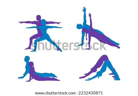 Yoga warrior, dog, cobra and side plank. Woman and man silhouettes strengthing yoga poses. Hand drawn vector illustration isolated on white background