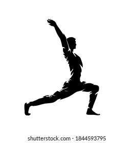 Yoga, warrior pose, isolated vector silhouette, ink drawing. Side view. Man pacticing yoga