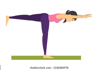 Yoga warrior pose. Sport exercise for body stretching and balance. Posture for strength. Isolated vector illustration in cartoon style