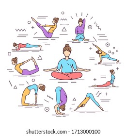 Banner web de yoga. Diferentes poses de yoga y asanas. Infografía con iconos lineales sobre fondo blanco. Concepto creativo. Ilustración de color de contorno aislada.