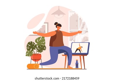 Yoga web concept in flat design. Woman practices yoga asanas with video lessons and making exercises at workout with online trainer at home. Healthy lifestyle. Vector illustration with people scene