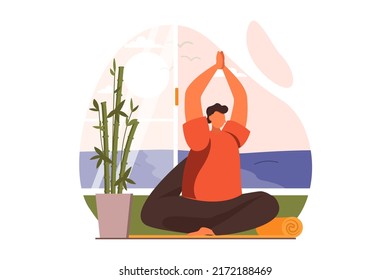 Yoga web concept in flat design. Man practices yoga asanas and doing stretching exercises in studio. Athlete performs gymnastic workout, doing fitness in gym. Vector illustration with people scene