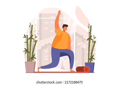 Yoga web concept in flat design. Man practices yoga asanas and stands in position at workout in studio. Athlete performs stretching or pilates exercises in gym. Vector illustration with people scene
