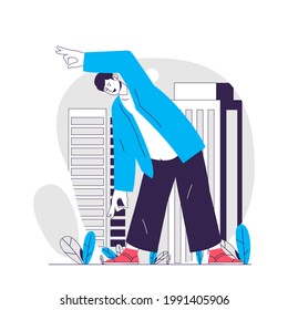 Concepto web de yoga. Entrenamiento del hombre, ejercicio del equilibrio, fuerte y estiramiento. Personas practicando la escena de asana. Diseño de caracteres planos para sitio web. Ilustración vectorial para materiales promocionales de medios sociales
