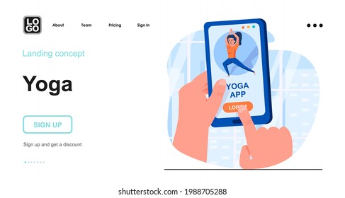 Concepto web de yoga. Entrenadores de usuarios usando aplicaciones móviles, asanas de yoga en línea, fitness en smartphone. Plantilla de escena de personas. Ilustración vectorial con actividades de carácter en diseño plano para sitio web