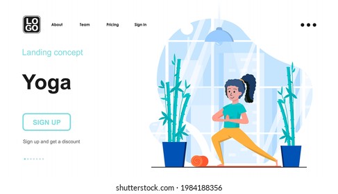 Yoga web concept. Woman doing asana, training balance and body strength, performing fitness workout. Template of people scenes. Vector illustration with character activities in flat design for website