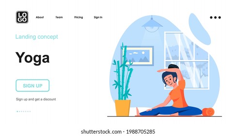 Yoga web concept. Woman practicing asanas, doing fitness training at home. Sport healthy lifestyle. Template of people scene. Vector illustration with character activities in flat design for website