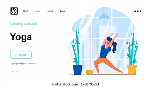 Yoga web concept. Woman practicing asanas and balance training, doing fitness in gym. Sports workout. Template of people scene. Vector illustration with character activities in flat design for website