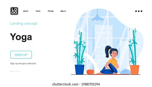 Yoga web concept. Woman practicing asanas, doing fitness in gym. Sports training of stretching. Template of people scene. Vector illustration with character activities in flat design for website