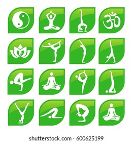 Yoga web icons leaf shaped.
Set of green modern web icons for  fitness and yoga activities. Vector available.