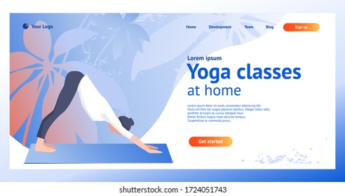 Yoga web page template. Yoga at home. Modern flat web page design concept for website and mobile site. Woman doing yoga exercises, yoga poses. Vector illustration.