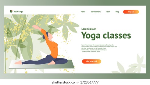 Yoga web page template. Modern flat web page design concept for website and mobile site. Woman doing yoga exercises. Vector illustration.