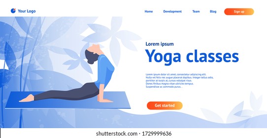 Yoga web page template. Modern flat web page design concept for website and mobile site. Woman doing yoga exercises. Vector illustration.
