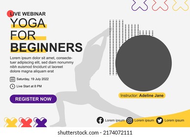 Yoga webinar template for yoga instructors, yellow and black pattern, online meeting, education and teaching concept, tutorial banner, web instruction idea