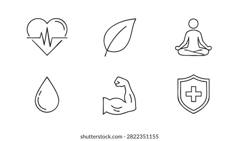 yoga and wellbeing icons set: leaf, water drop, shield, heartbeat, cross