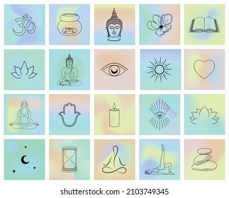 Yoga and Wellness Logo Design Elements, Abstract Spiritual Symbols, Icons. Lotus flower, magic eye, moon and stars, spiritual, mindful body and soul, enlightenment, meditation. 