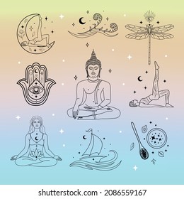 Yoga and Wellness Premade Logo Designs, Abstract Spiritual Symbols, Icons. Herbs and florals, magic eye, moon and stars, spiritual, mindful body and soul. Waves, enlightenment, meditation. Magic