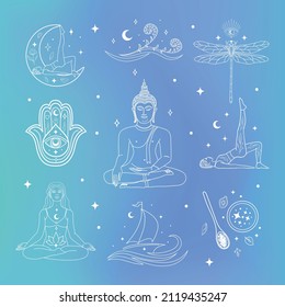 Yoga and Wellness Premade Logo Designs, Abstract Spiritual Symbols, Icons. Herbs and florals, magic eye, moon and stars, spiritual, mindful body and soul. Waves, enlightenment, meditation. Magic