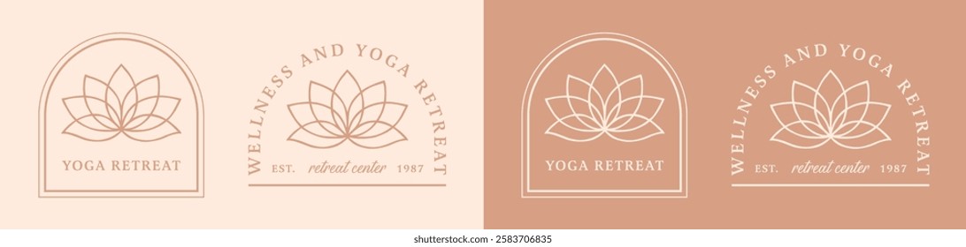 Yoga wellness retreat center studio logo girls club women healthy living event community shirt design. Boho retro elegant high end luxury lotus flower beige aesthetic decor illustration bundle pack.
