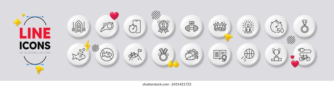 Iconos de yoga, podio de ganadores y línea de cronómetro. Iconos 3d de los botones blancos. Paquete de Honor, Verduras, Diploma icono. Bicicleta de montaña, Detener la pesca, Pictograma de la aplicación del temporizador. Medalla, Estadio Arena, Mancuerna. Vector